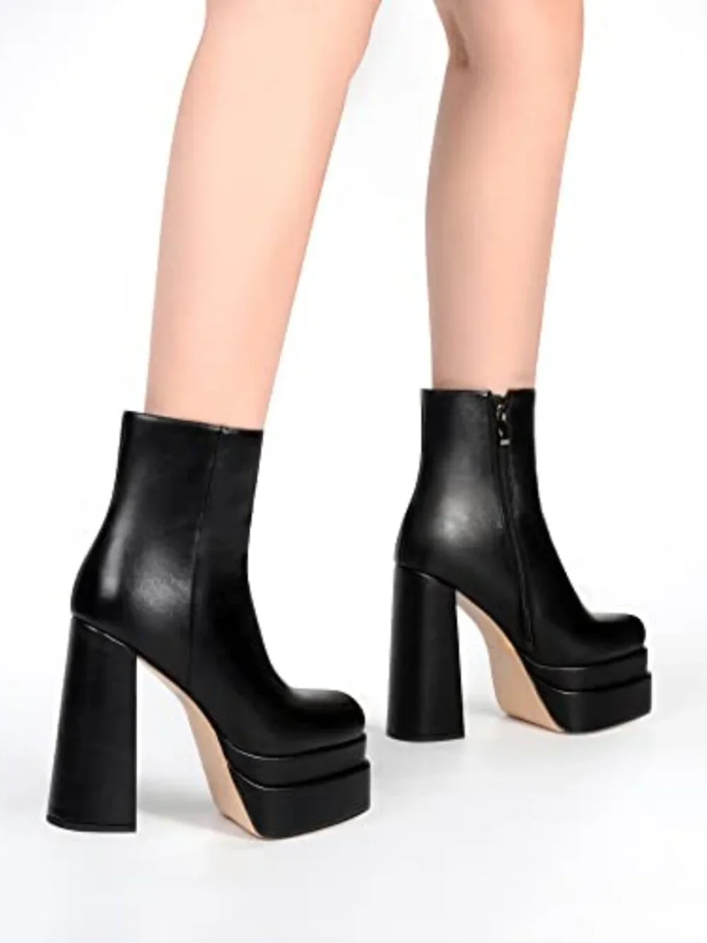 Faux Leather Chunky Platform Ankle Booties Side Zip Square Toe High Heel Boots